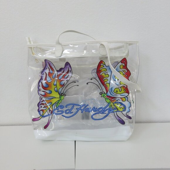 Ed Hardy Handbags - Ed Hardy Purple Butterfly Graphic Clear Tote Bag
